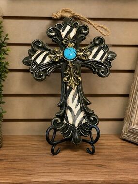 Decorative Wall Cross with Turquoise Accent - Black & Cream